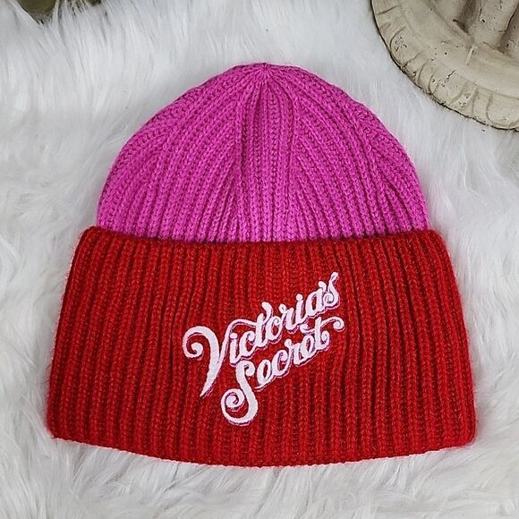 Victoria's Secret Knit Red & Fuschia OS Stocking Cap Beanie - Picture 1 of 4